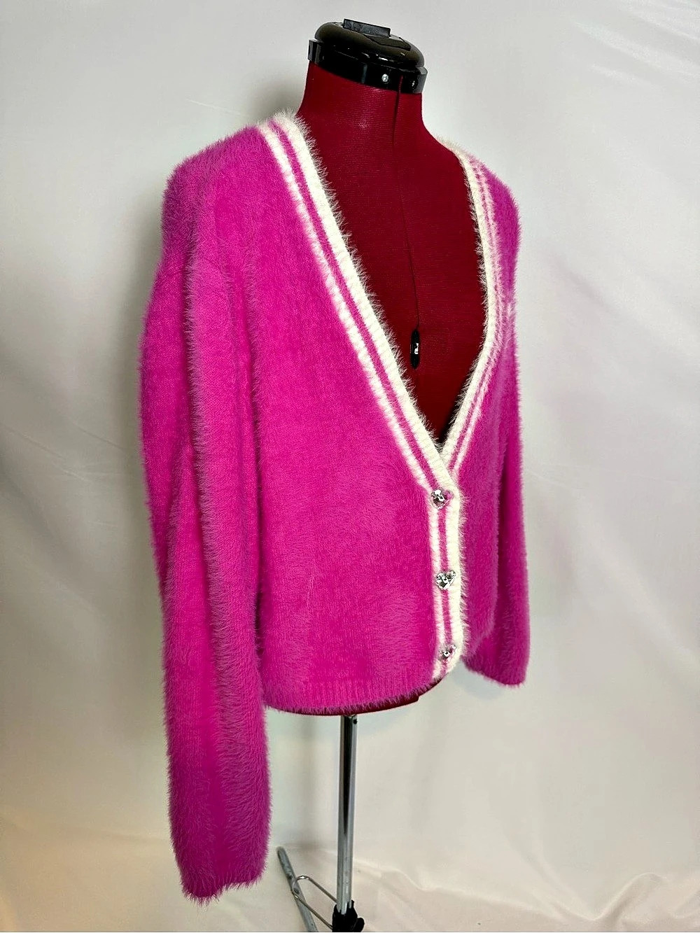 Barbie Cardigan Women's Size XL Pink & White Fuzzy 3-Button Long Sleeves - Picture 3 of 12